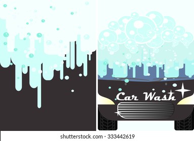 Vector car wash flyer for advert. Black automobile with water under automatic bubbles washing. Vehicle cleaning and polish service banner.