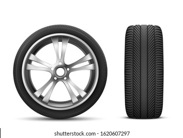 Vector car wheel isolated on white background front and side view. Realistic 3d icon of modern black rubber tire with steel disk for automobile service, sport rally advertising