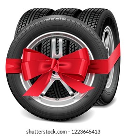 Vector Car Wheels With Red Bow Isolated On White Background