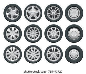 Vector car wheels set for design Auto service shop. Rims flat collection on white background.