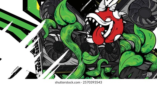 Vector car wrap design with plant monster object and video graphics. Graphic abstract line racing background, 3 color combination yellow, white, black, eps 10, editable.