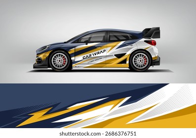 Diseño de librea de envoltura de coche de Vector en azul y amarillo editable EPS racing gráfico para sedán o vehículo hatchback