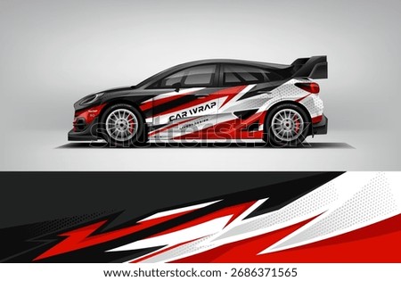 Vector car wrap livery design in red black and white editable EPS modern racing stripe layout for vehicle wrapping