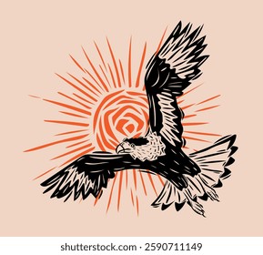 Vector of a caracara hawk flying with the sun in the background. Design template for icons, logos, cards, prints. Vector illustration