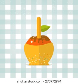 Vector caramel apple icon in flat style. Minimalistic food icon. Checkered tablecloth background.