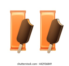 Vector Caramel Bitten Popsicle Choc-ice Lollipop Ice Cream in Chocolate Glaze on Stick with Filling with Orange Plastic Wrapper for Branding Package Design Close up Isolated on Background