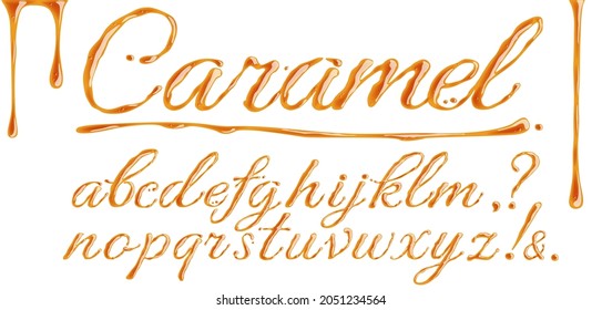 Vector caramel font on a white background. Latin alphabet. The inscription Caramel, shiny delicious letters.