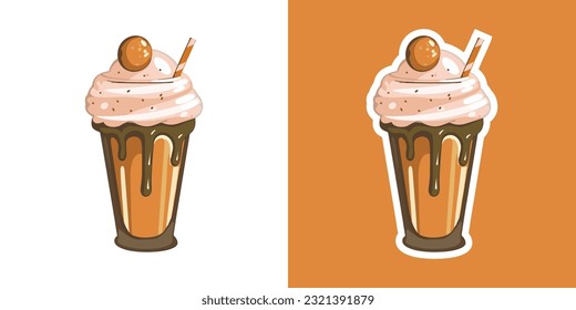 Vector caramel milkshake sticker illustration cartoon flat style. Milk shake with whipped cream sweet dessert with caramel ice cream