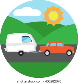 vector caravan camping trailer. house on wheels and red retro car.