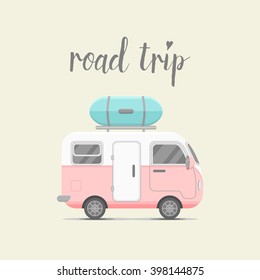 Vector Caravan Trailer With Baggage Box. Mobile Home Vector Illustration. Traveler Truck Flat Vector Icon. Family Traveler Truck Summer Trip Concept. Logo Or Emblem Concept. Road Trip. Pink Trailer