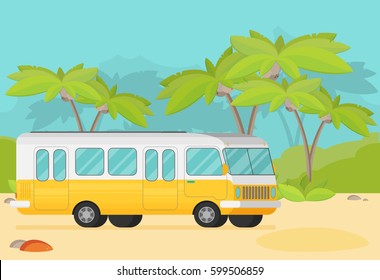 Vector caravan trailer in jungle. Flat style.