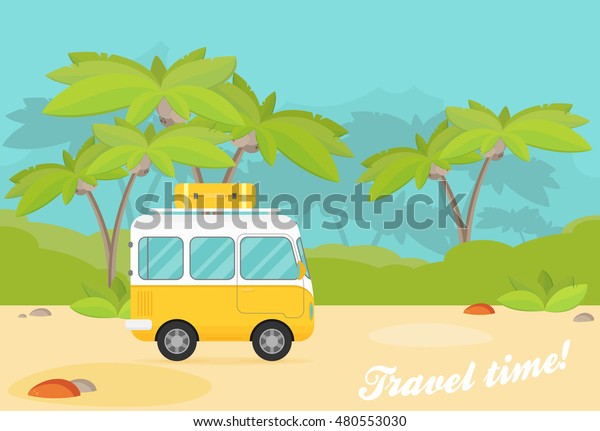 Vector caravan\
trailer in jungle. Flat\
style.
