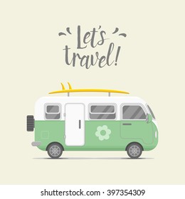 Vector caravan trailer. Mobil home vector illustration. Traveler truck flat vector icon. Family traveler truck summer trip concept. Logo or emblem concept. Lets travel. Trailer road way. Green trailer