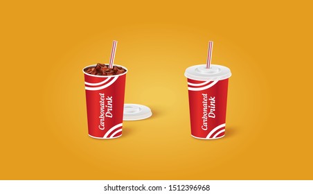 Vector Carbonated Cold Drink with ice and tubule. Water Set. 3D Icon.