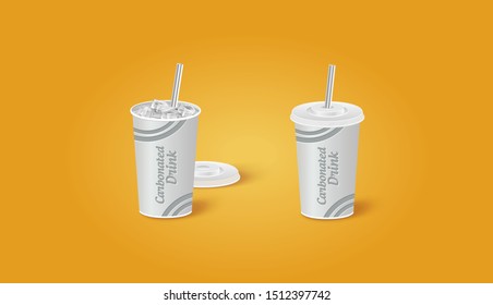 Vector Carbonated Cold Drink with ice and tubule. Water Set. 3D Icon.