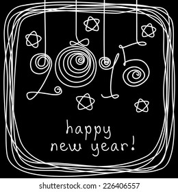 Vector card - 2015 happy new year! Hand drawn childish background with christmas balls, stars, frame of doodles. Festive illustration for print, web