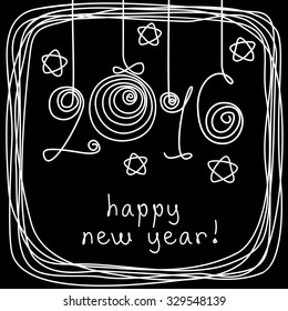 Vector card - 2016 happy new year! Hand drawn childish background with Christmas balls, stars, frame of doodles. Festive illustration for print, web