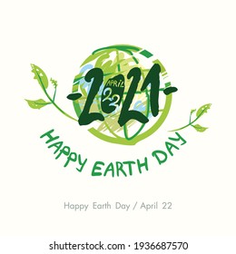 Vector card 2021. Happy Earth Day. April 22. Painted green planet handwritten template. Vector illustration.