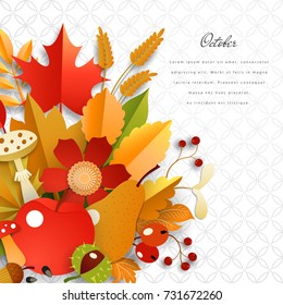 Vector card. 3d paper cut. Autumn pattern. Place for your text. 