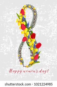 Vector card for 8 march. International Women's Day. Floral frame with pussy willow, mimosa, hyacinth and tulip