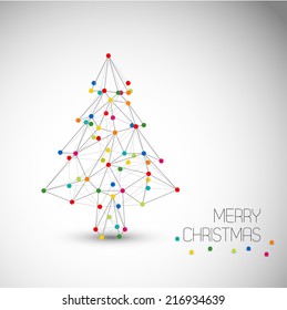 Vector card with abstract christmas tree made from lines and colorful dots (low poly art)