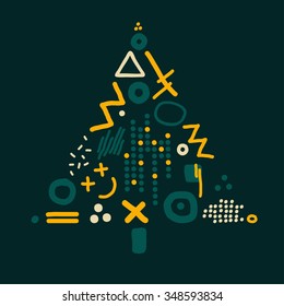Vector card with abstract christmas tree made from lines and dots 