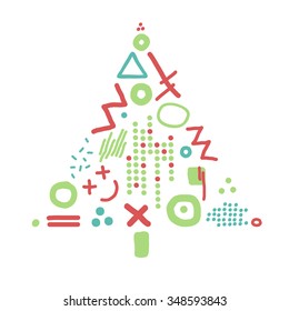Vector card with abstract christmas tree made from lines and dots 