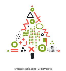 Vector card with abstract christmas tree made from lines and dots 