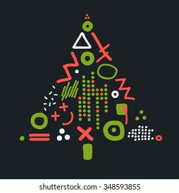 Vector card with abstract christmas tree made from lines and dots 