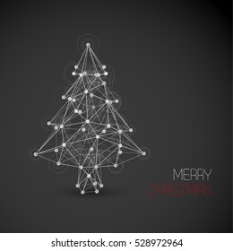 Vector card with abstract christmas tree made from lines and dots (low poly art) - dark version