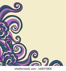 Vector card with abstract hand drawn decor element. Curls wave in lilac and blue tones. Can be used for invitation, card, etc.
