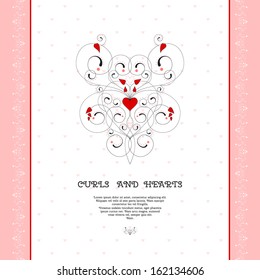 Vector card. Abstract pattern and border with curls and hearts. Wedding or Valentine's Day. Place for your text. Perfect for greetings, invitations or announcements.