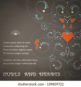 Vector card. Abstract pattern with curls and hearts. Vintage grungy background. Place for your text. Perfect for greetings, invitations or announcements.