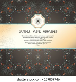 Vector card. Abstract pattern with curls and hearts. Vintage grungy background. Place for your text. Perfect for greetings, invitations or announcements.