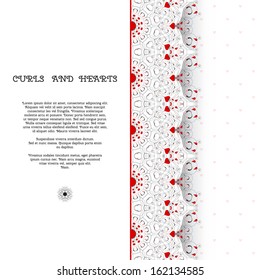 Vector card. Abstract pattern with curls and hearts. Wedding or Valentine's Day. Place for your text. Perfect for greetings, invitations or announcements.