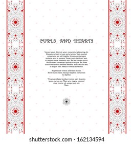 Vector card. Abstract pattern with curls and hearts. Wedding or Valentine's Day. Place for your text. Perfect for greetings, invitations or announcements.