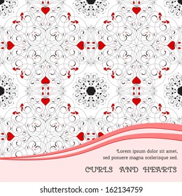Vector card. Abstract pattern with curls and hearts. Wedding or Valentine's Day. Place for your text. Perfect for greetings, invitations or announcements.