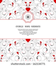 Vector card. Abstract pattern with curls and hearts. Wedding or Valentine's Day. Place for your text. Perfect for greetings, invitations or announcements.
