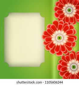 Vector card with abstract pattern of green cactus for background, big flowers of cactus and blank paper sheet