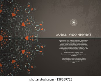 Vector card. Abstract round pattern with curls and hearts. Vintage grungy background. Place for your text. Perfect for greetings, invitations or announcements