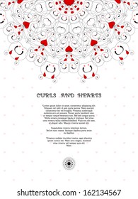 Vector card. Abstract round pattern with curls and hearts. Wedding or Valentine's Day.  Place for your text. Perfect for greetings, invitations or announcements.