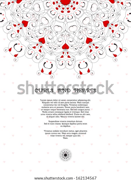 Vector card. Abstract round\
pattern with curls and hearts. Wedding or Valentine\'s Day.  Place\
for your text. Perfect for greetings, invitations or\
announcements.