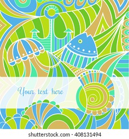Vector card with an abstract sea background. Colorful background. Vector background. Bright pattern. Marine pattern.