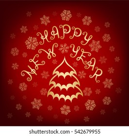 Vector card with abstract tree. Happy New Year. Lettering. Background with snowflakes. 