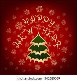 Vector card with abstract tree. Happy New Year. Lettering. Background with snowflakes. 
