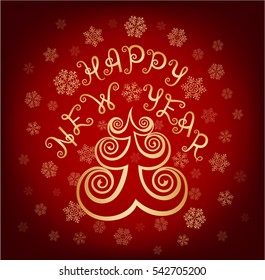 Vector card with abstract tree. Happy New Year. Lettering. Background with snowflakes. 