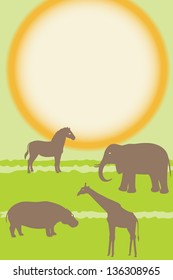 Vector card with african animals silhouettes over sun