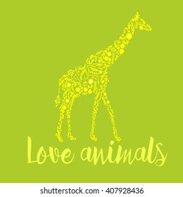vector card with an african giraffe. cute floral giraffe. summer composition