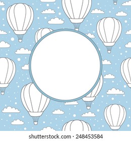 vector card with air balloons, clouds and snow