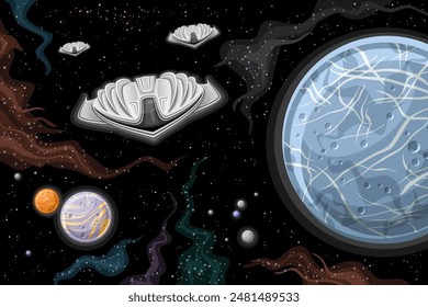 Vector card with Alien Spaceship Armada, astronomical horizontal poster with cartoon design grey strange spaceships, flying in deep space, alien research spaceships on black stellar space background